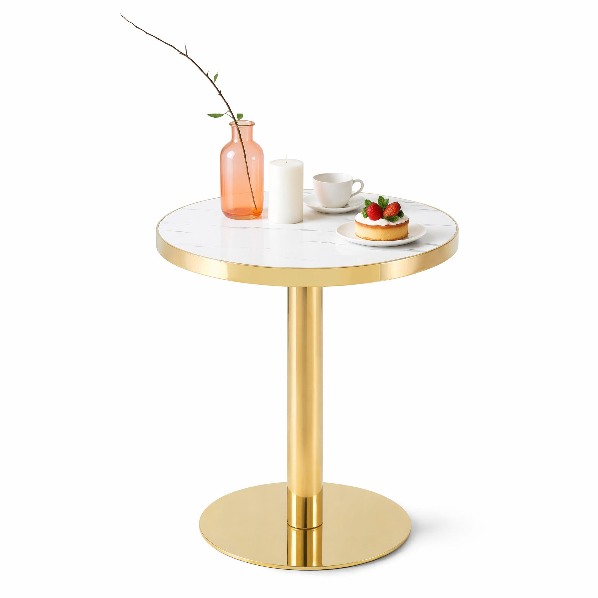BARTISCH in Weiß|Goldfarben Beistelltisch mit Marmoroptik-Tischplatte und Edelstahlgestell, B60/T60/H74cm - Goldfarben/Weiß, Holzwerkstoff/Metall (60/60/74cm) - STILVORA