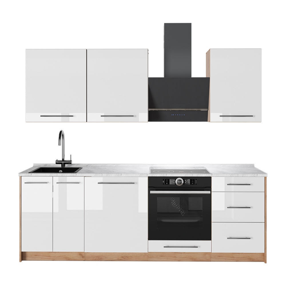 KÜCHENZEILE Fame-Line, Weiß Hochglanz/Goldkraft Eiche, 230 cm, AP Marmor - Weiß Hochglanz/Eichefarben, Holzwerkstoff (230/206.8/60cm) - Vicco