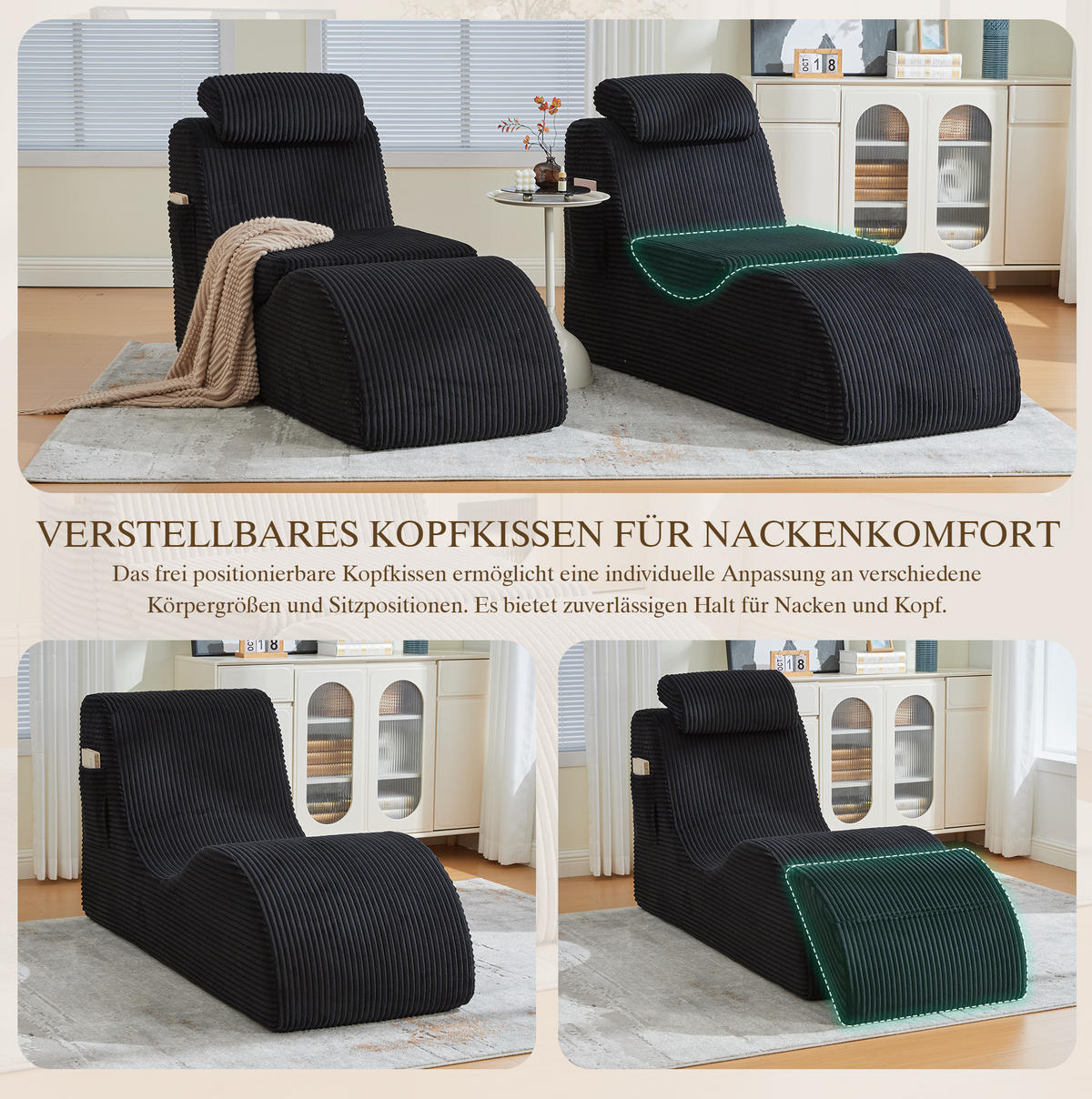 KŘESLO 160/66/90 cm černé z manšestru s boční kapsou a odnímatelným sedákem - černá, textil (66/90/160cm) - OKWISH