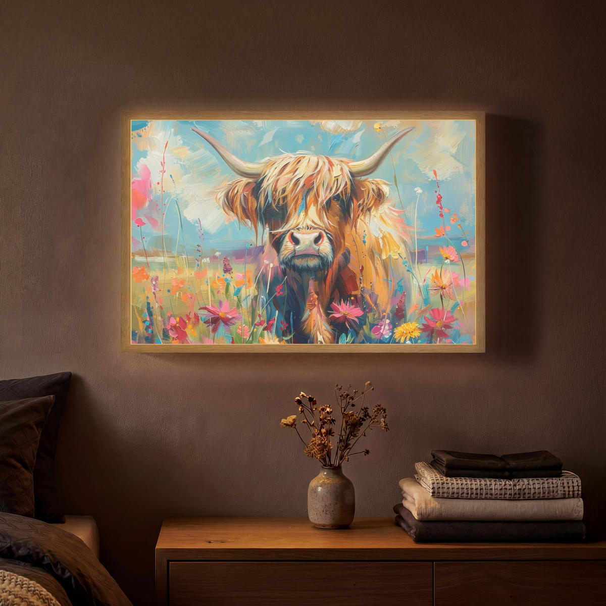 NÁSTĚNNÁ LAMPA S AKUMULÁTOREM Skotský horal - Příroda - Barevné - Květiny 60x40 cm - různobarevná, kompozitní dřevo (60/40/8cm) - OnlyWow