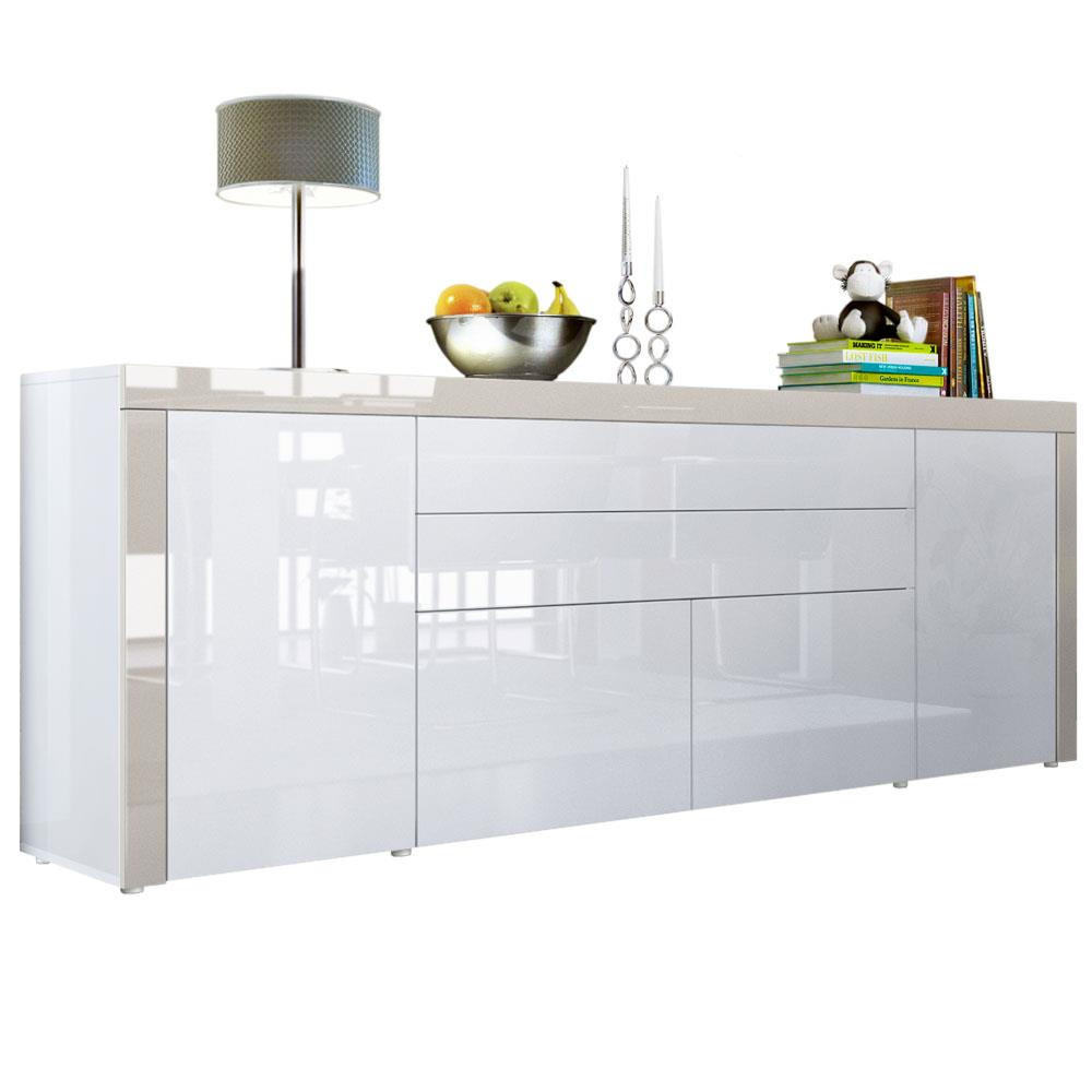 Vladon Sideboard Weiß Hochglanz, Sand 200x72x35 cm