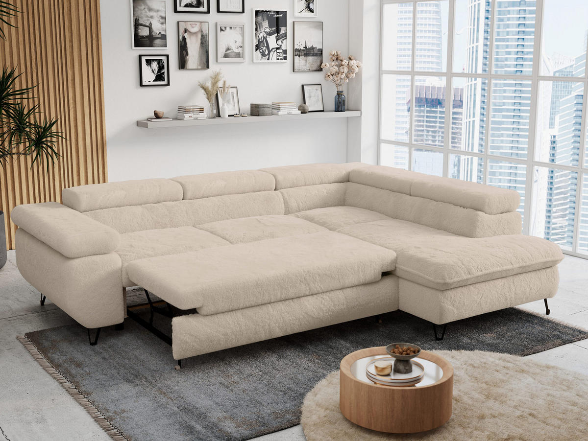 ECKSOFA PETER L Dunkelgrau Plüsch - Rechts Seite - Ecru/Schwarz, Textil/Metall (273/208cm) - MKS