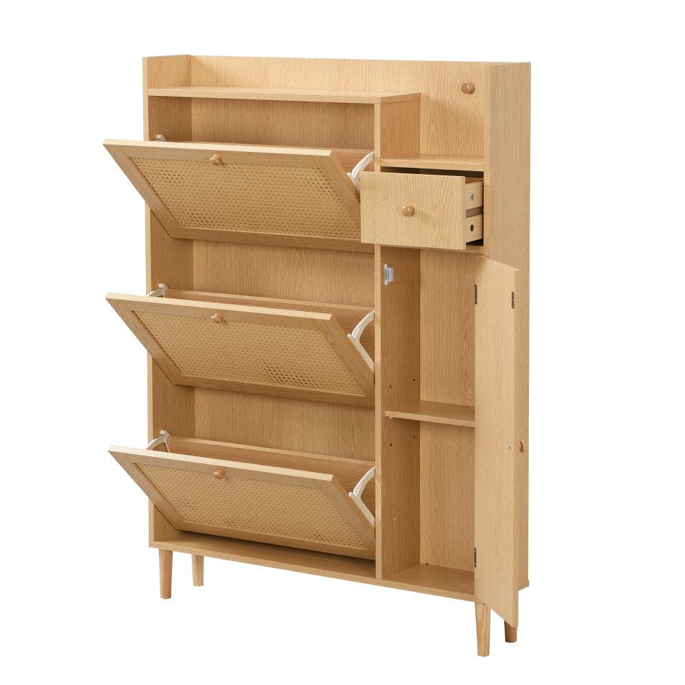 SCHUHSCHRANK mit 3 Kipp-Türen und 1 Schublade, Natur - Kieferfarben, Holz (17/125/90cm) - KOMHTOM
