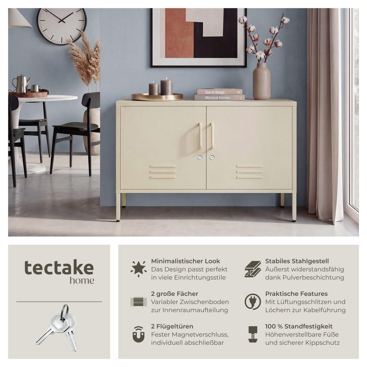 SIDEBOARD Baker, Kippschutz, höhenverstellbare Füße, creme - Creme, Metall (100/65/42.5cm) - tectake