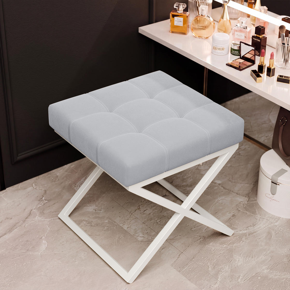 HOCKER LIND 45/45/45 cm, Weiß / Grau - Weiß/Grau, Textil/Metall (45/45/45cm) - Idohome