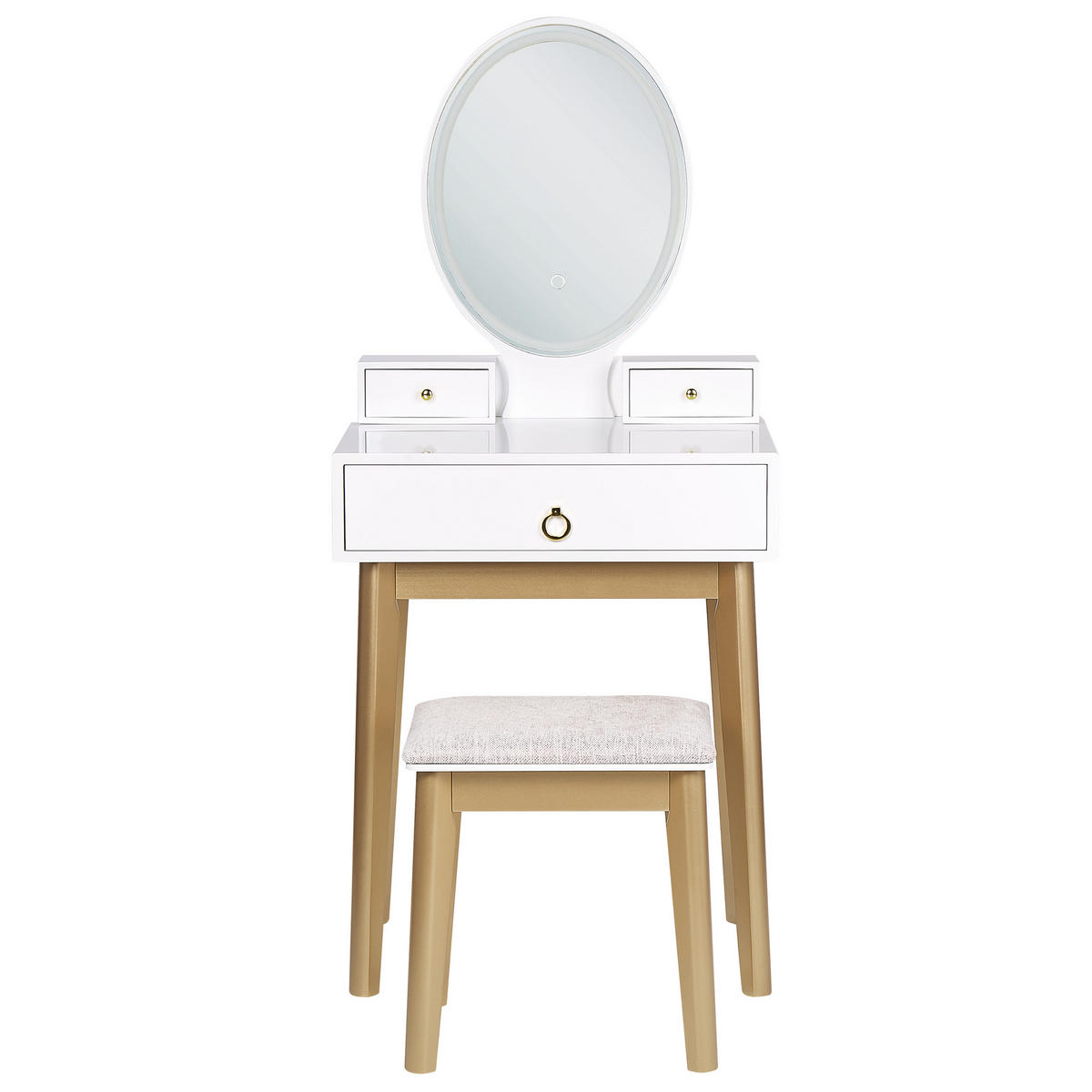 SCHMINKTISCH mit ovalem LED-Spiegel Hocker 3 Schubladen weiß/gold Rosey - Beige/Goldfarben, Holzwerkstoff (58/135/40cm) - Beliani