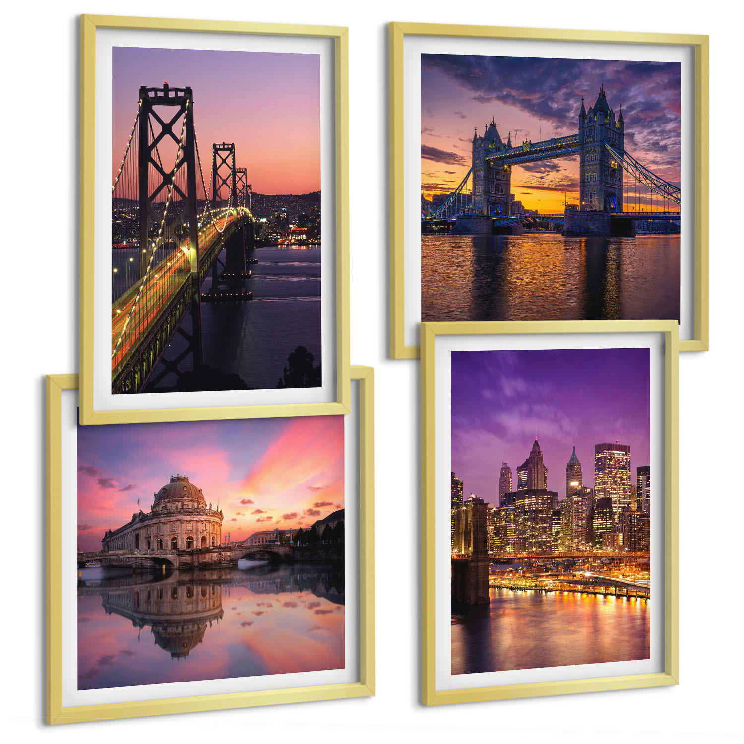 BILDER SET 4er Set - 50x50 cm & 40x60 cm Goldrahmen - Brücken, Sonne, Stadtblick - Goldfarben, Kunststoff (50/50cm) - TULUP