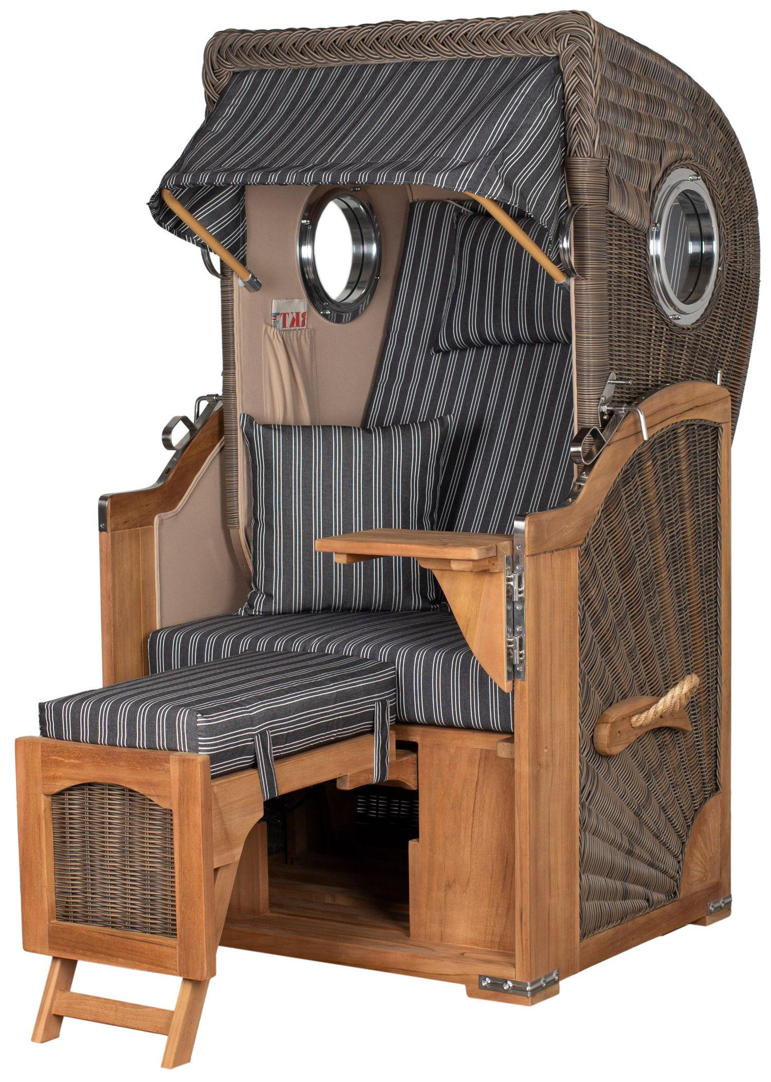 STRANDKORB Komplettset: Ammersee Single Teak Bullauge - PE grau - Modell 500 - Grau, Holz/Kunststoff (96/165/80cm) - bene living