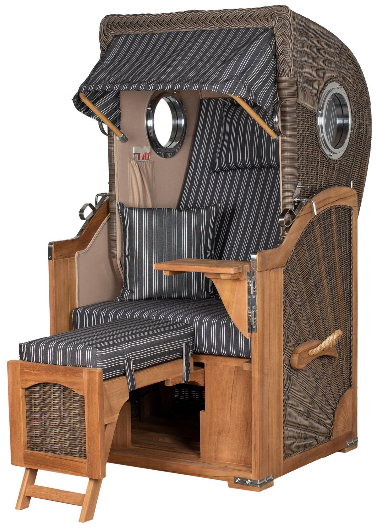 STRANDKORB Komplettset: Ammersee Single Teak Bullauge - PE grau - Modell 500 - Grau, Holz/Kunststoff (96/165/80cm) - bene living