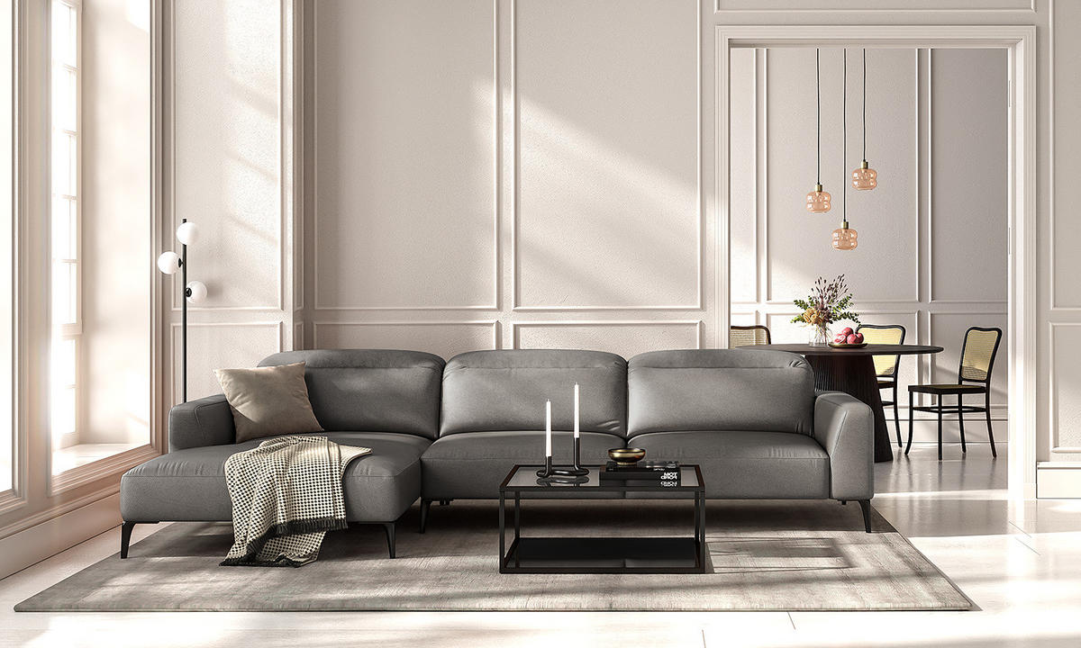 ECKSOFA mit Longchair - Schwarz/Grau, Leder/Metall (328/180cm) - home24