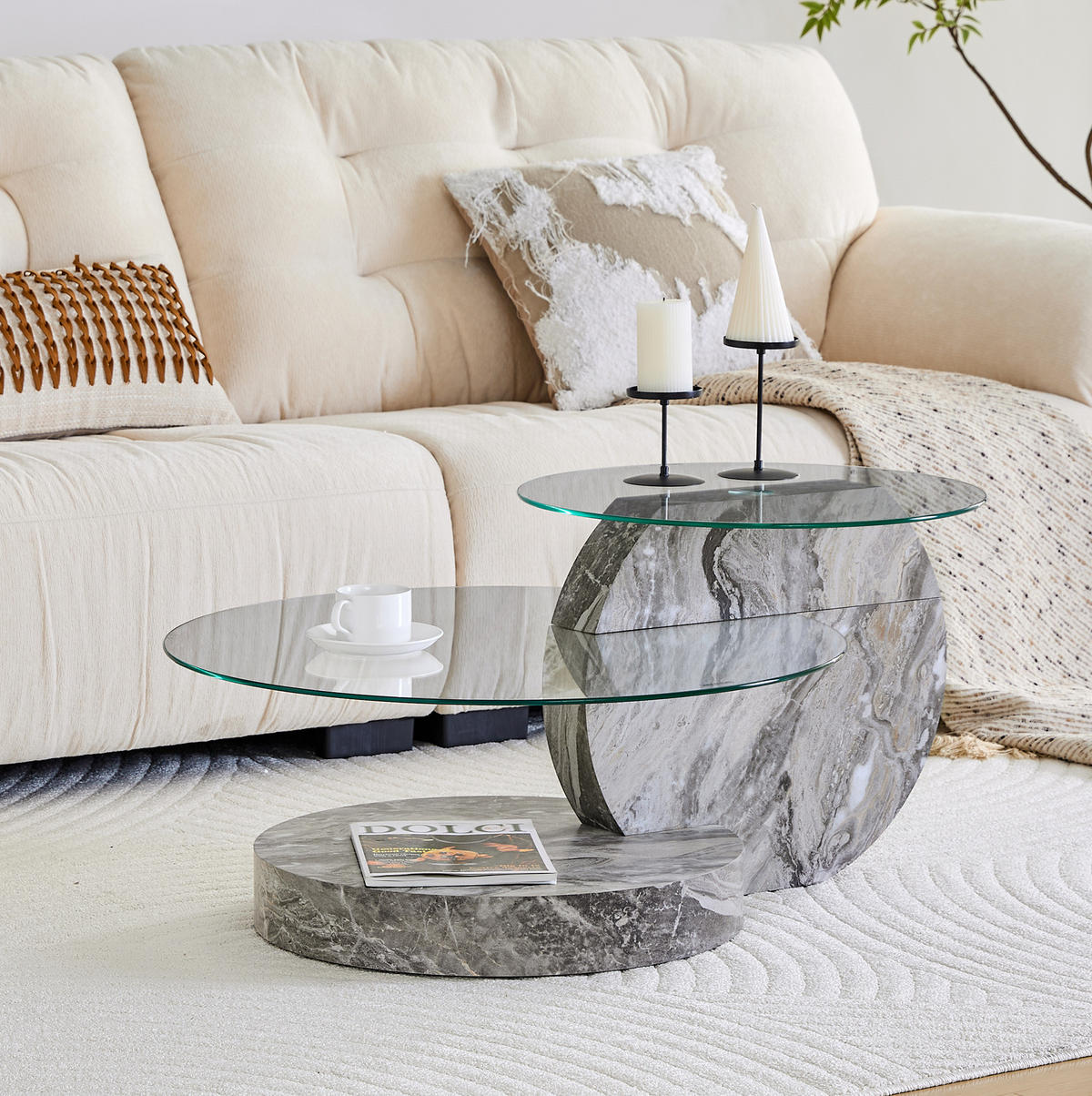 COUCHTISCH 70 cm aus Glas mit 2 Ebenen in grauer Marmoroptik - Transparent, Holzwerkstoff (90/70/44cm) - Flora Grace
