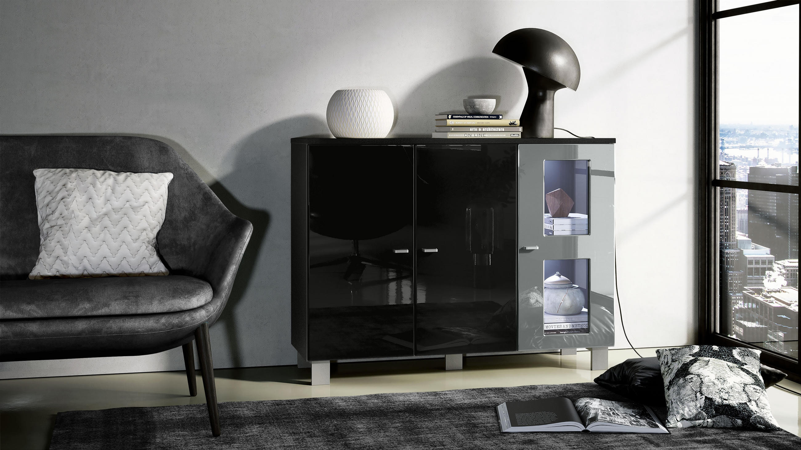 SIDEBOARD Denjo Tür in Grau Hochglanz - Grau, Holzwerkstoff (107/81/35cm) - Vladon