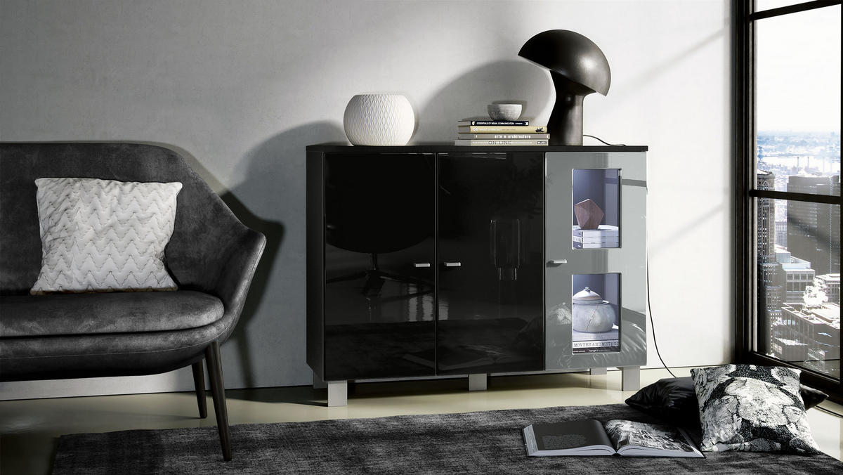SIDEBOARD Denjo Tür in Grau Hochglanz - Grau, Holzwerkstoff (107/81/35cm) - Vladon