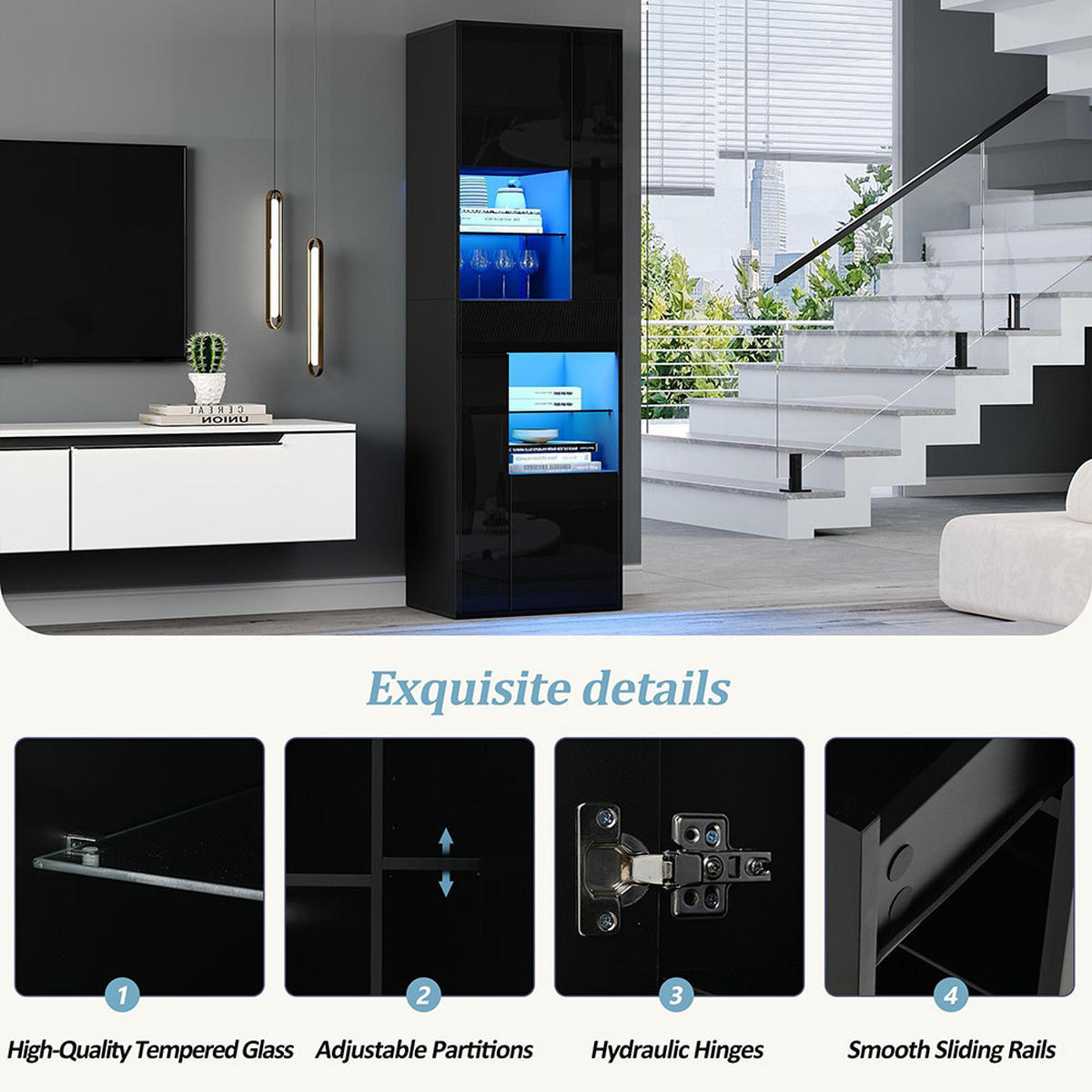 VITRINE Wandschrank 1 Schublade 4 Türen Glas LED Schwarz 55/38/170 cm - Schwarz, Holzwerkstoff (55/170/38cm) - Zephmum