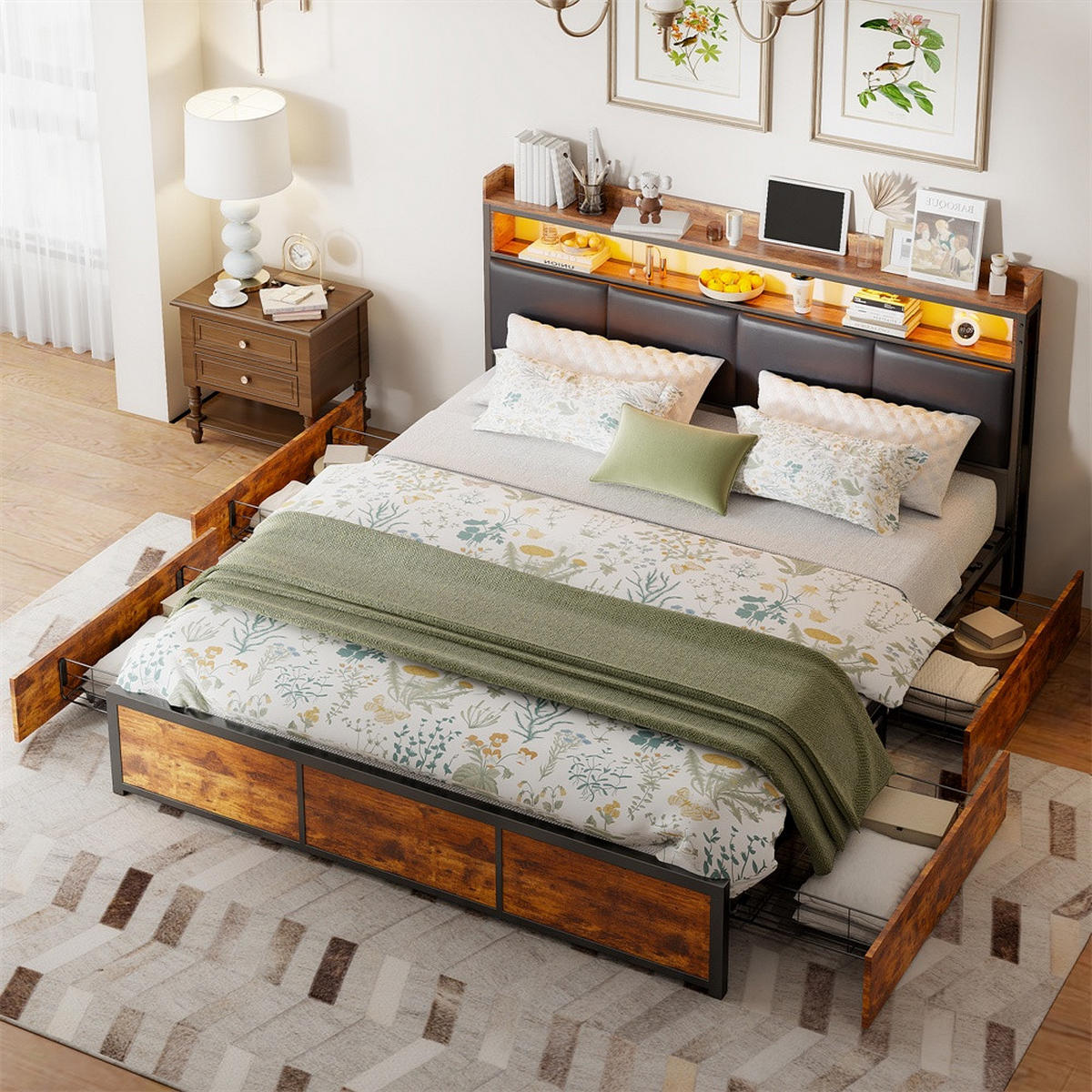 METALLBETT 160x200 cm - Kopfteil Regal & LED Beleuchtung - 4 Schubladen - ohne Matratze - Schwarz & Braun - Braun, Metall (160/200cm) - DELFA