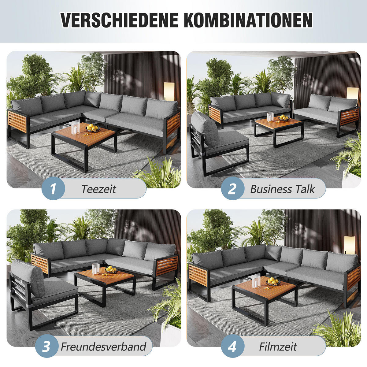 LOUNGESET Modern Grau Mit Verzinktem Rahmen & Holzarmlehnen - Grau, Metall - FLIEKS