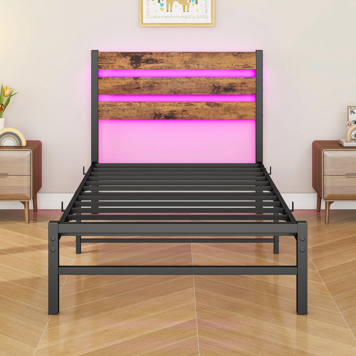 METALLBETT 90/200 cm Braun mit USB-Ladestation und LED-Bettrahmen - Braun, Metall (90/200cm) - Oxeza