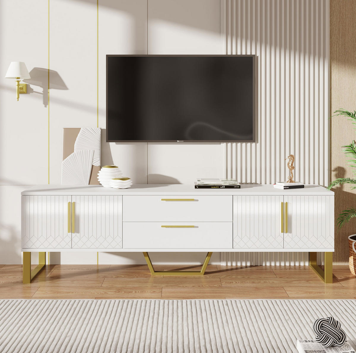 LOWBOARD 170/40/53.5 cm Weiß/Gold aus MDF in Hochglanzoptik mit 4 Türen und 2 Schubladen - Weiß, Holzwerkstoff (40/53.5/170cm) - OKMYHOME