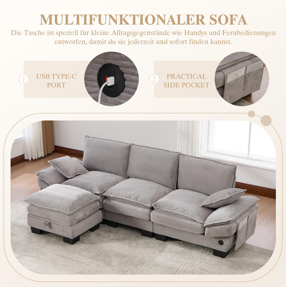 ECKSOFA 260/132/84 cm hellgrau aus Cord mit Hocker und USB-C - Hellgrau, Textil (132/260cm) - OKWISH