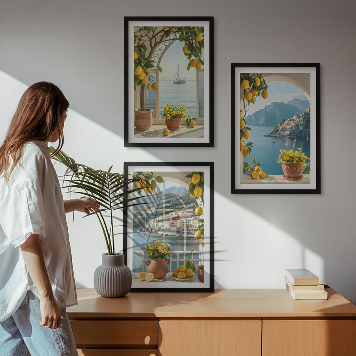 WANDBILDER 3er-Set - 40x60 cm Schwarzer Rahmen - Zitronenblumen aus der Küstenstadt - Schwarz, Kunststoff (40/60cm) - ArtPrintCave