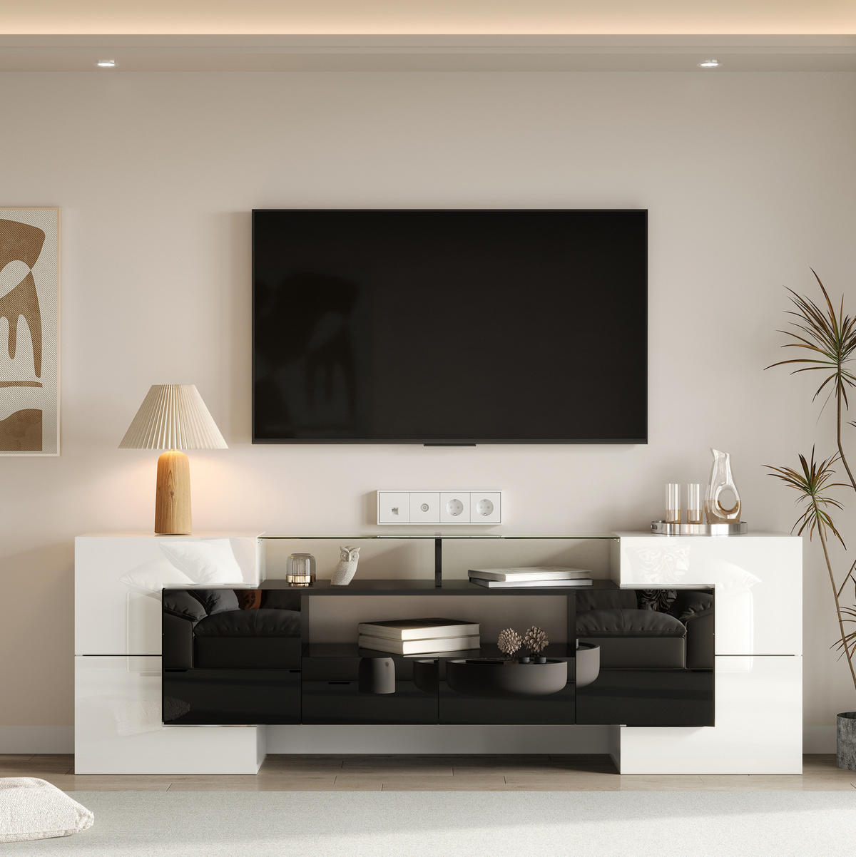 TV-LOWBOARD 200/35/60 cm Weiß/Schwarz aus Spanplatte mit LED - Schwarz, Holzwerkstoff (200/60/35cm) - OKWISH