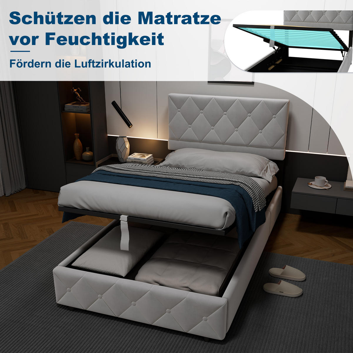POLSTERBETT 90/200 cm in Grau Samt mit Bettkasten, hydraulischem Doppelhub-System und Lattenrost - Grau, Holzwerkstoff/Textil (90/200cm) - CHICFURN