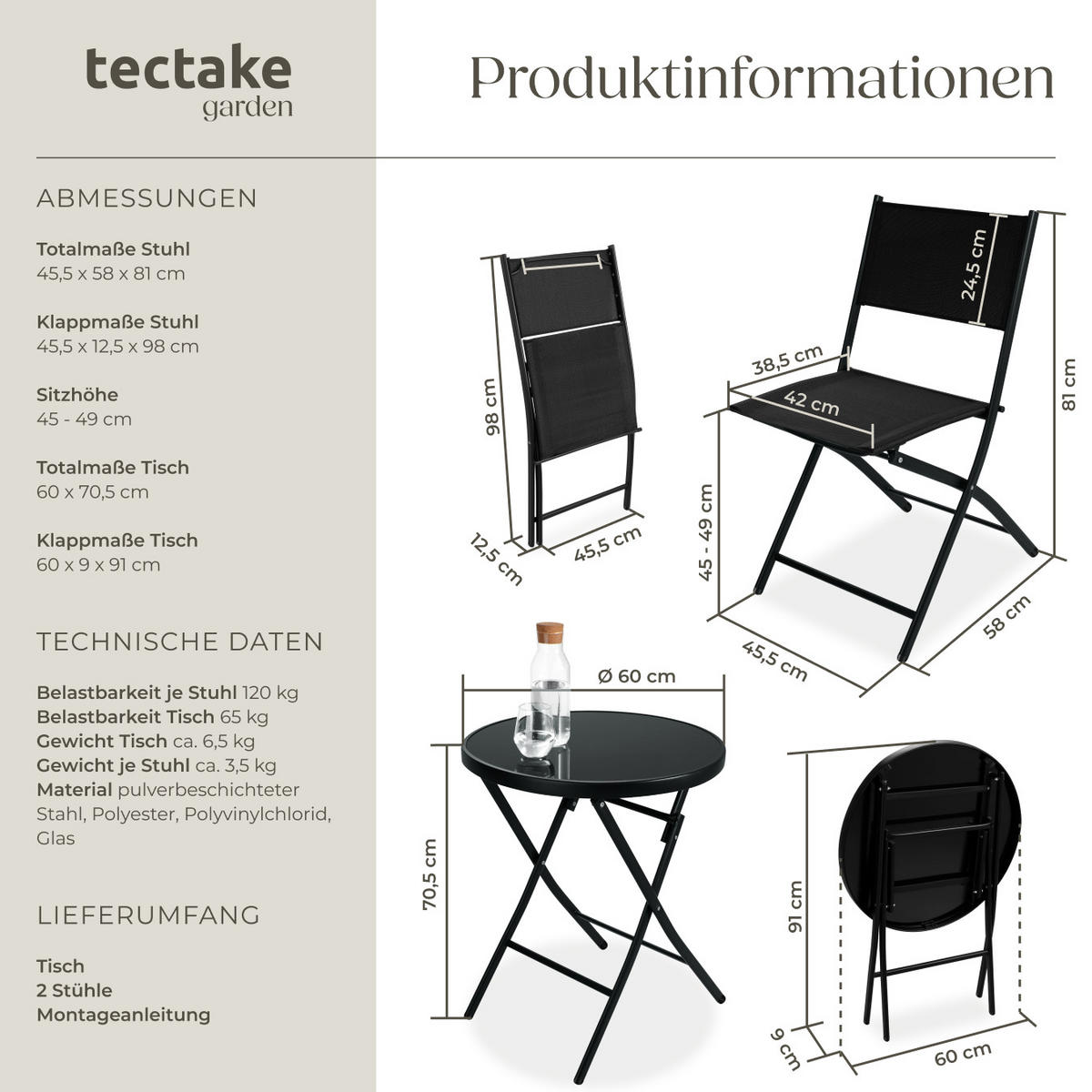 BISTRO-SET Düsseldorf,Tisch mit Sicherheitsglasplatte,schwarz - Schwarz, Naturmaterialien/Kunststoff - tectake