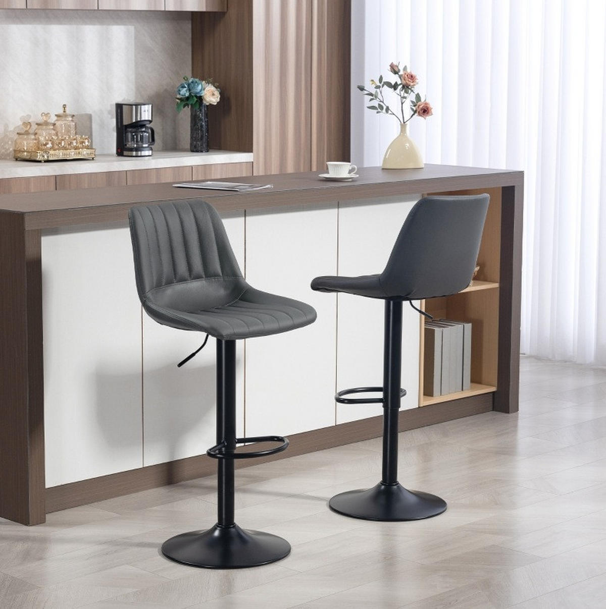 BARHOCKER 2er-Set höhenverstellbar 43 x 49,5 x 91-111 cm Kunstleder Dark Gray - Dunkelgrau, Metall (49.5/111/43cm) - Meubliv