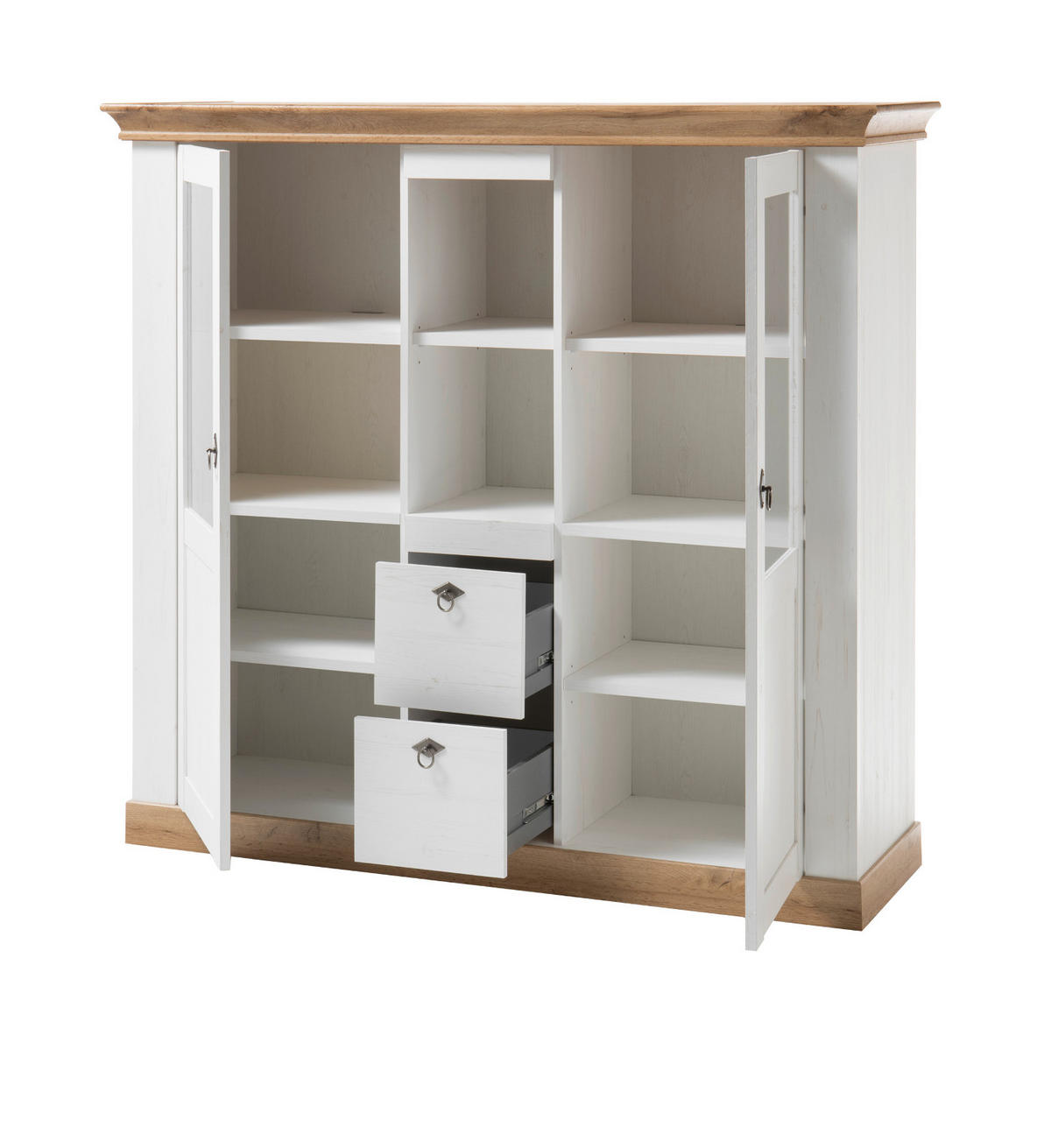 HIGHBOARD weiß Pinie, Eiche Wotan, Landhaus Buffet 148 x 140 cm - Silberfarben/Eiche Wotan, Glas/Holzwerkstoff (148/139/44cm) - Furn.Design