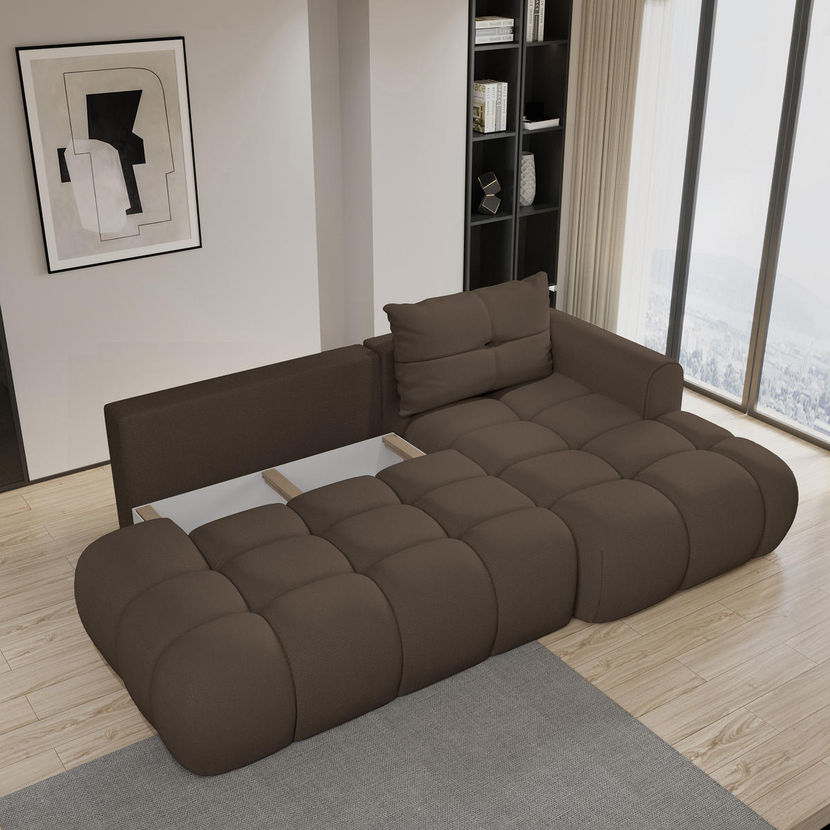 ECKSOFA FLUMA R-S Braun Geflochtener Stoff mit Schlaffunktion - Braun, Holz (274/165cm) - MASSENO