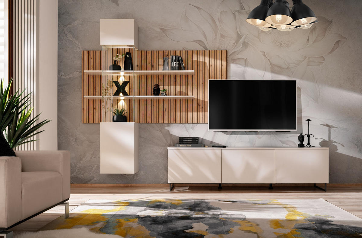 WOHNWAND Sand matt, Eiche Artisan 280 cm, Schrankwand inklusive LED Beleuchtung - Sandfarben/Schwarz, Holzwerkstoff/Kunststoff (280/200/45cm) - Furn.Design