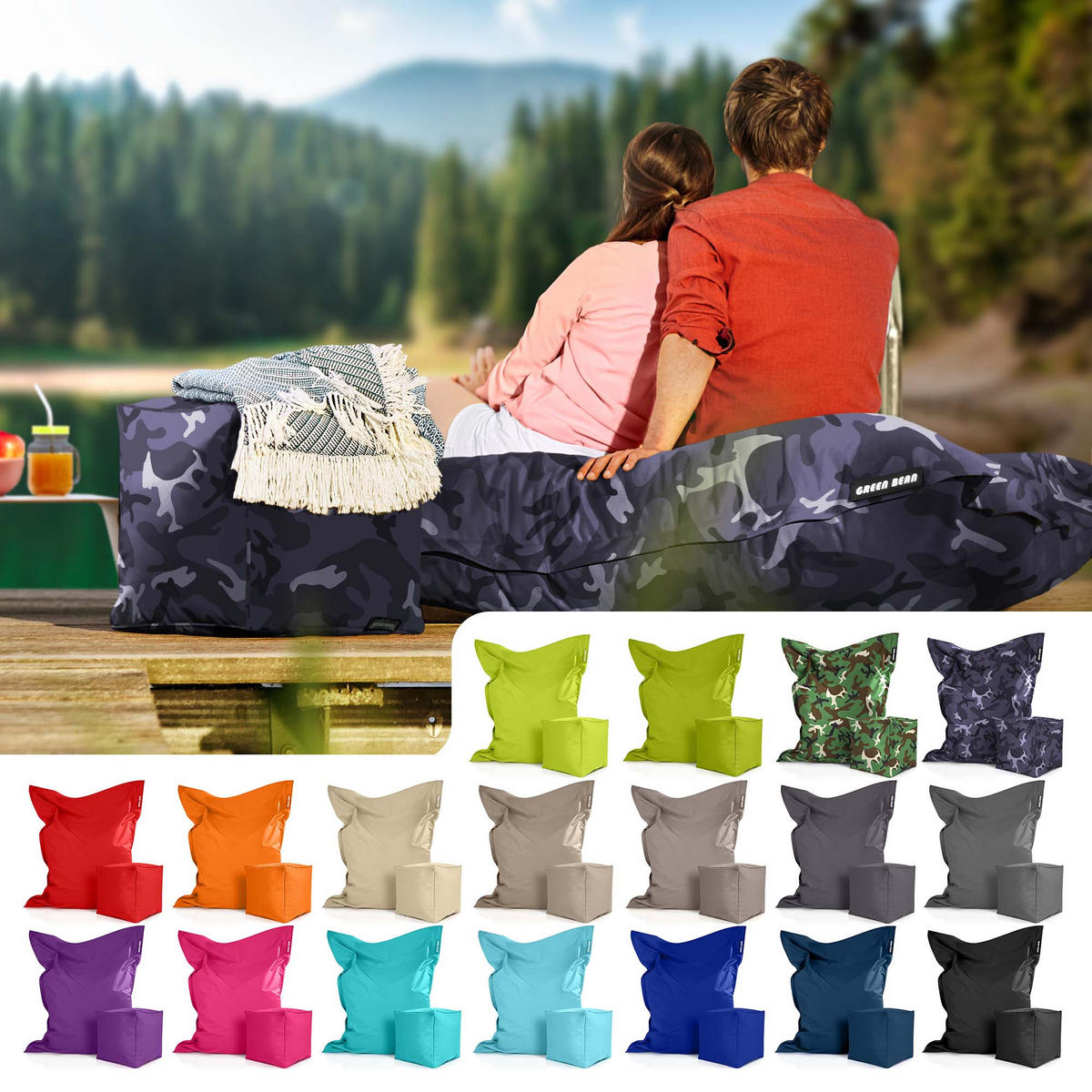 XXL-SITZSACK + Pouf 2er Set - 140x180cm - Multicolor, Textil (140/25/180cm) - Green Bean