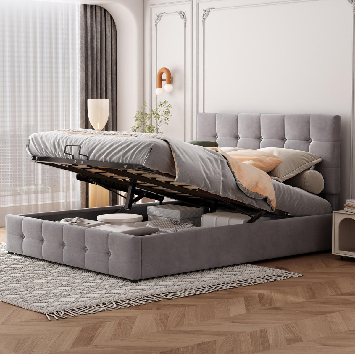 POLSTERBETT 140/200 cm mit hydraulischem Bettkasten und verstellbarem Kopfteil, Grau - Grau, Textil (140/200cm) - Redom