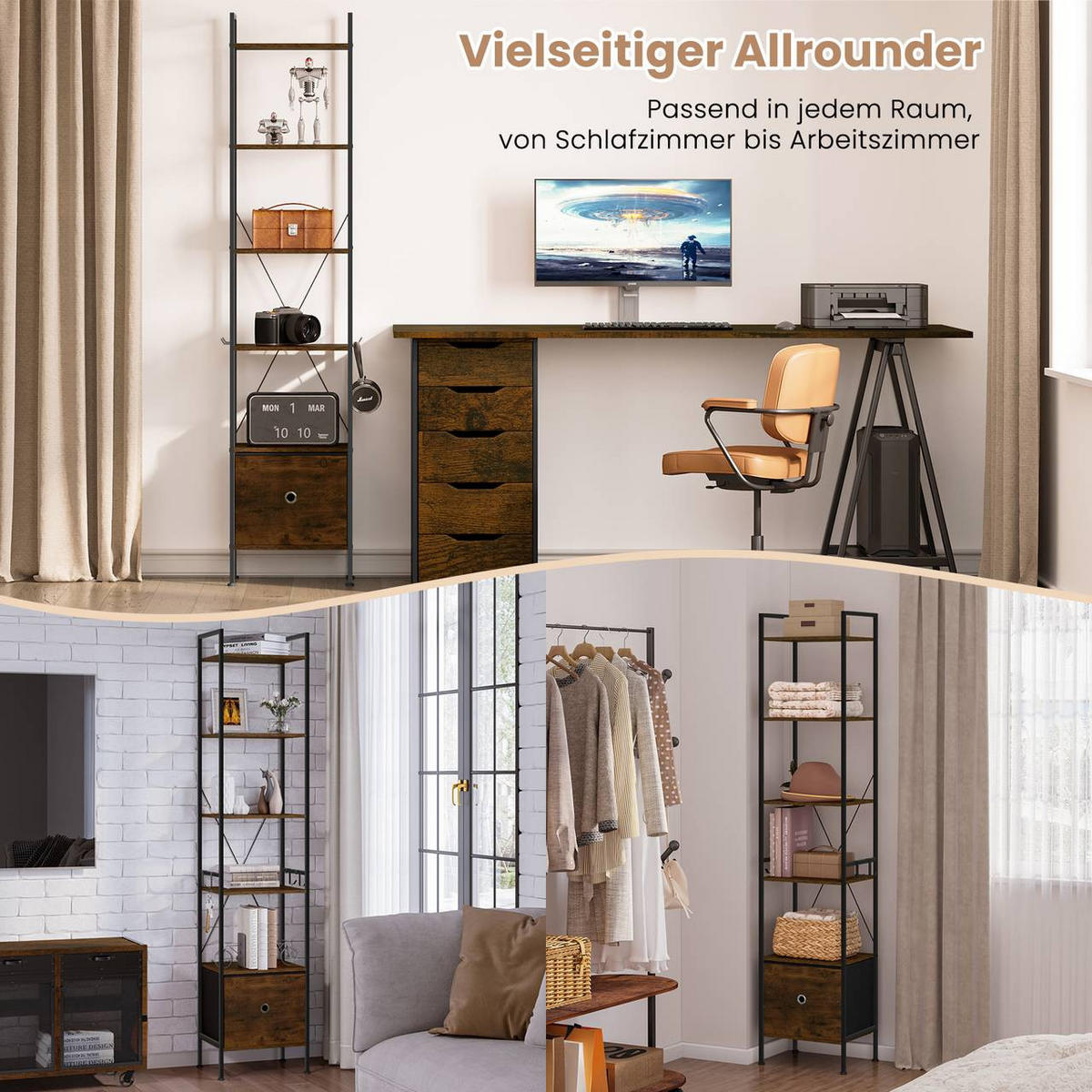 REGAL mit 5 Ablagen, 1 Schubladen, Vintagebraun - Dunkelbraun/Schwarz, Holzwerkstoff/Textil (40/187/30cm) - Woltu