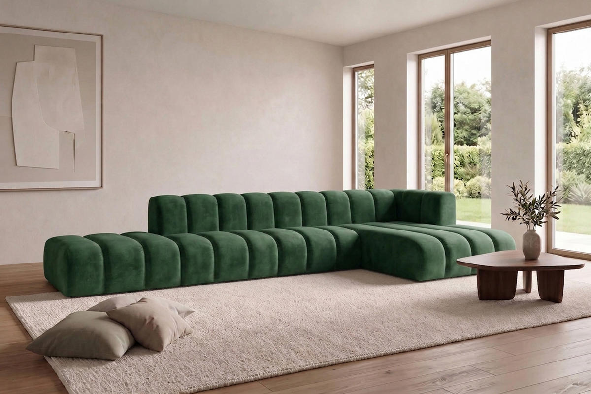 ECKSOFA Modulares In L-Form Mit Hocker, Velvet-Stoff Riviera, Grün, Rechts, GRAND - Grün, Holz (386/179cm) - Kaiser Möbel