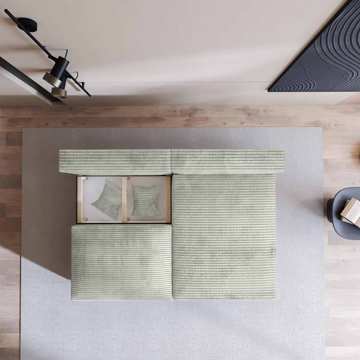 ECKSOFA FIORO Hellgrau Kordstoff mit Schlaffunktion - Hellgrau, Holz (204/148cm) - MASSENO