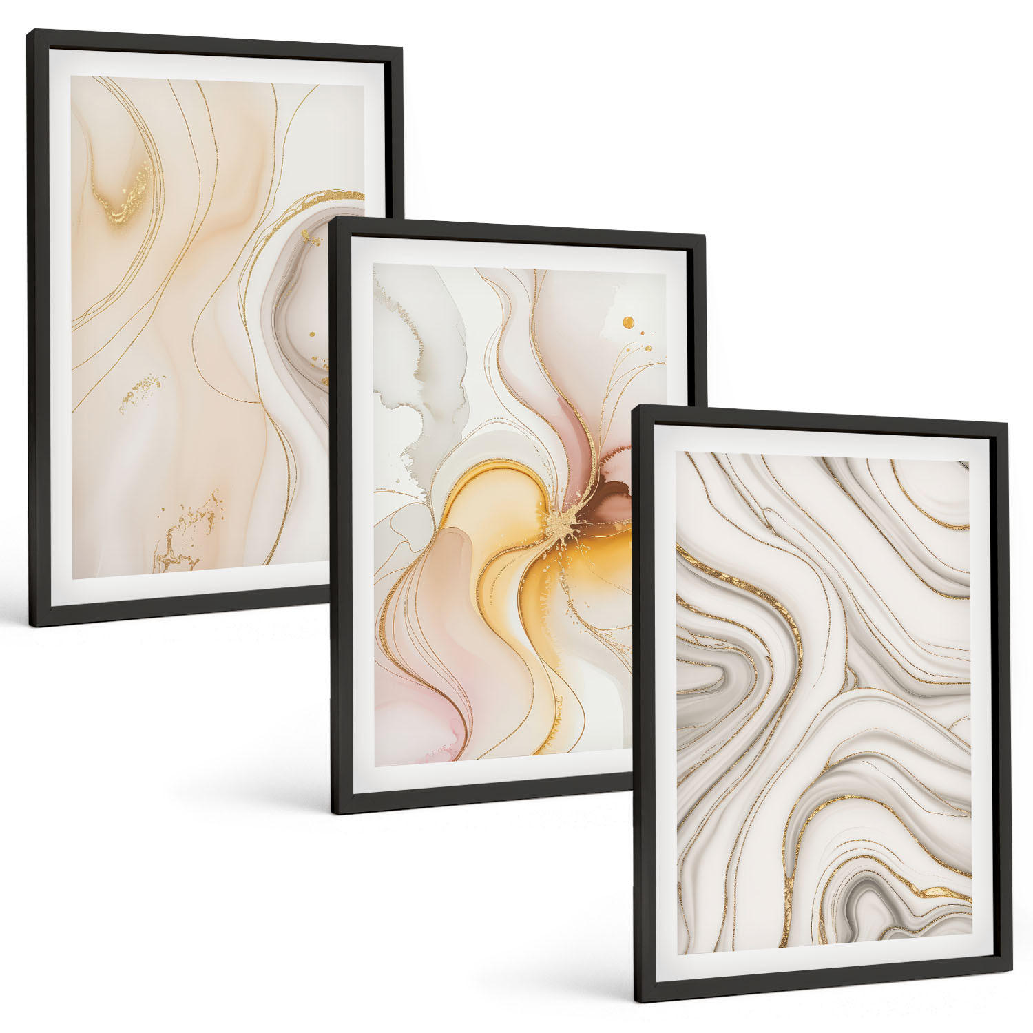 BILDER SET 3er Set - 40x60 cm Schwarzer Rahmen - Abstrakte warme Muster - Schwarz, Kunststoff (40/60cm) - TULUP