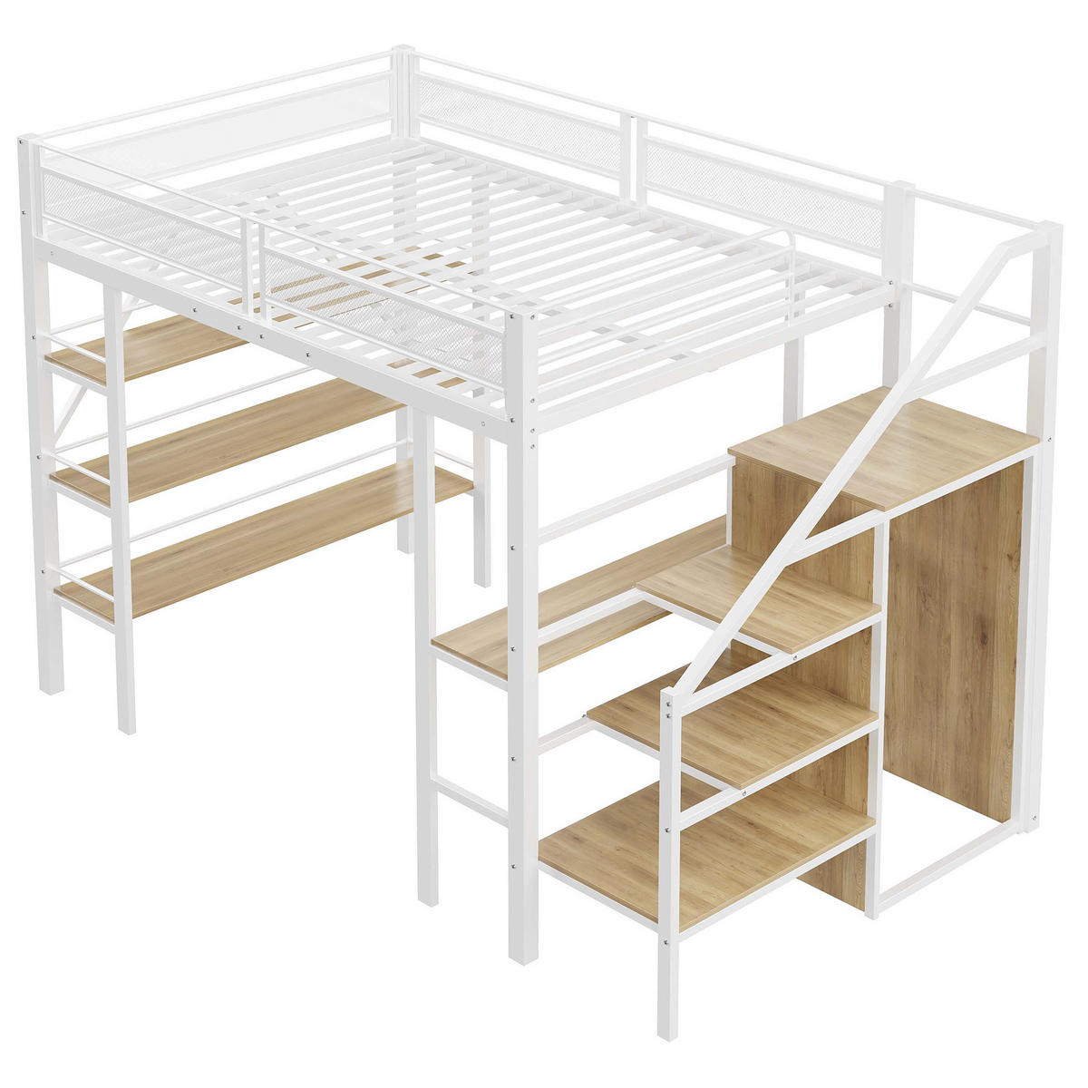 HOCHBETT 140/200 cm Weiß mit Schreibtisch und Dreilagigem Ablageregal aus Metall - Weiß, Metall (140/200cm) - OKWISH