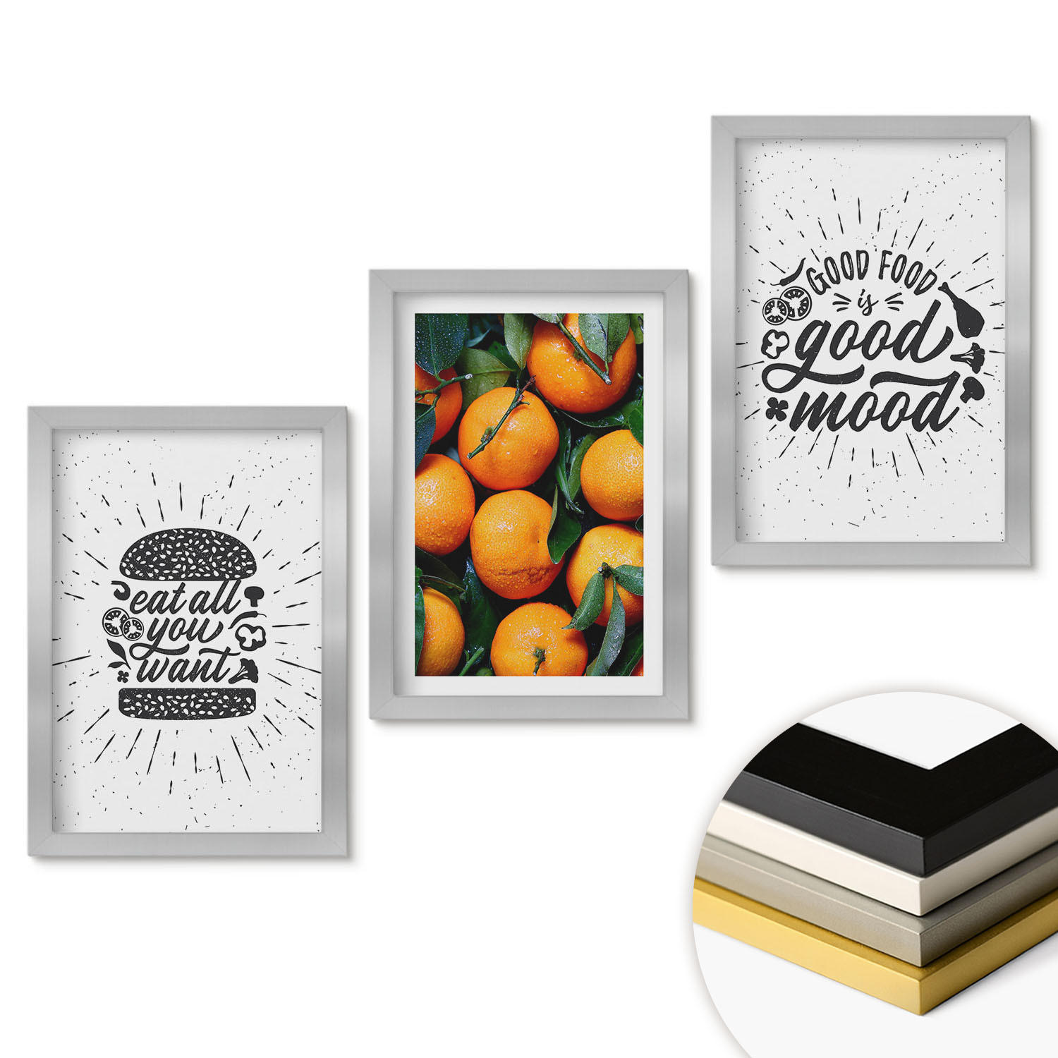 WANDBILDER 3er Set - 20x30 cm Silberner Rahmen - Juicy Oranges Kitchen - Silberfarben, Kunststoff (20/30cm) - ArtPrintCave
