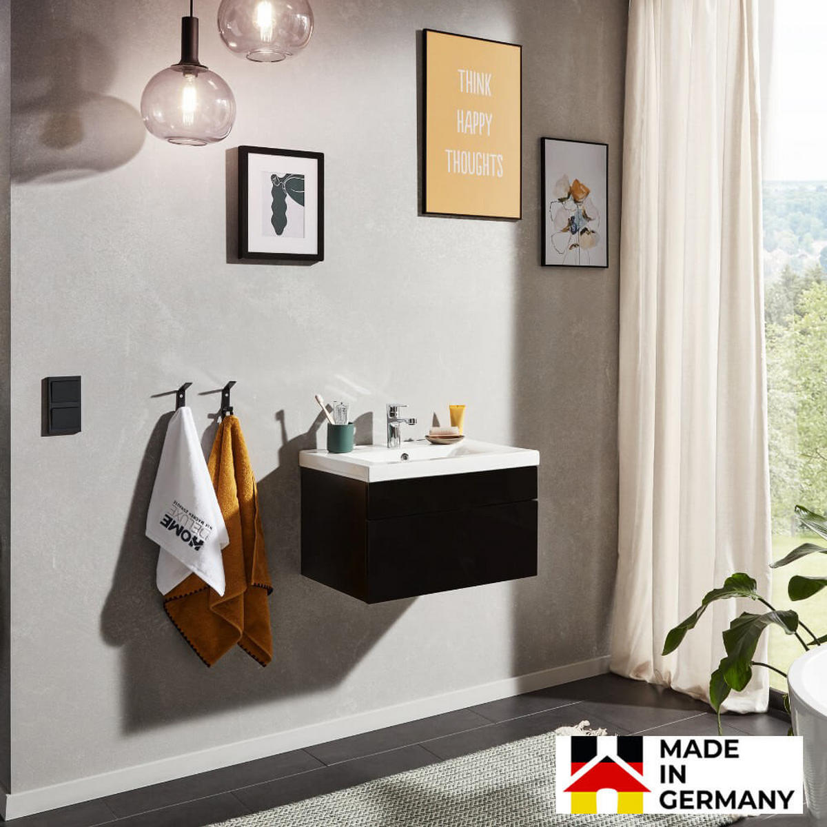 BADMÖBEL Komplettset WANGEROOGE S - Schwarz Made in Germany - Schwarz, Holz/Keramik (61/35/41.5cm) - Home Deluxe