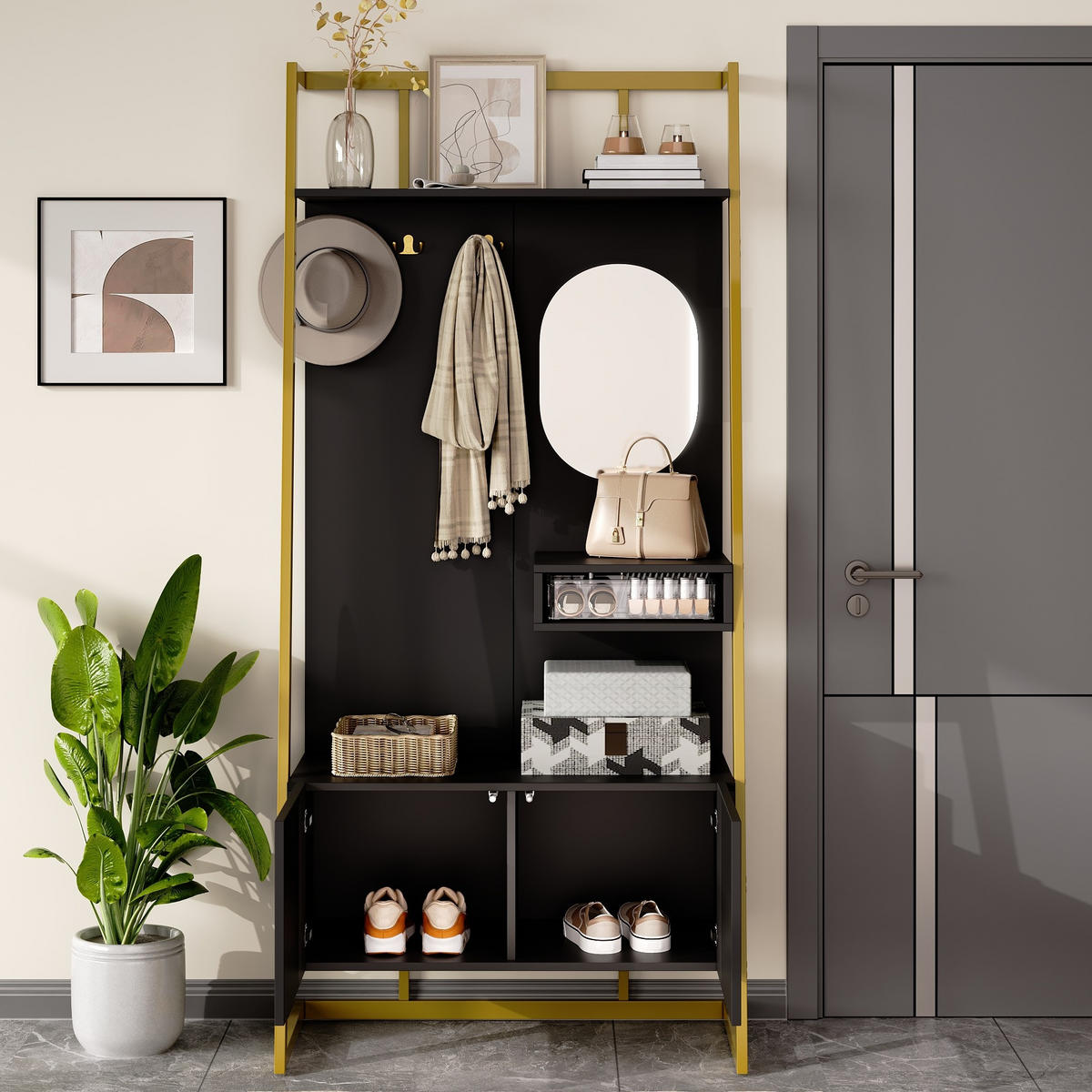 GARDEROBE mit Spiegel und Schuhbank 78 x 38,5 x 180,5 cm Schwarz - Schwarz, Holzwerkstoff (38.5/180.5/78cm) - Beauniv