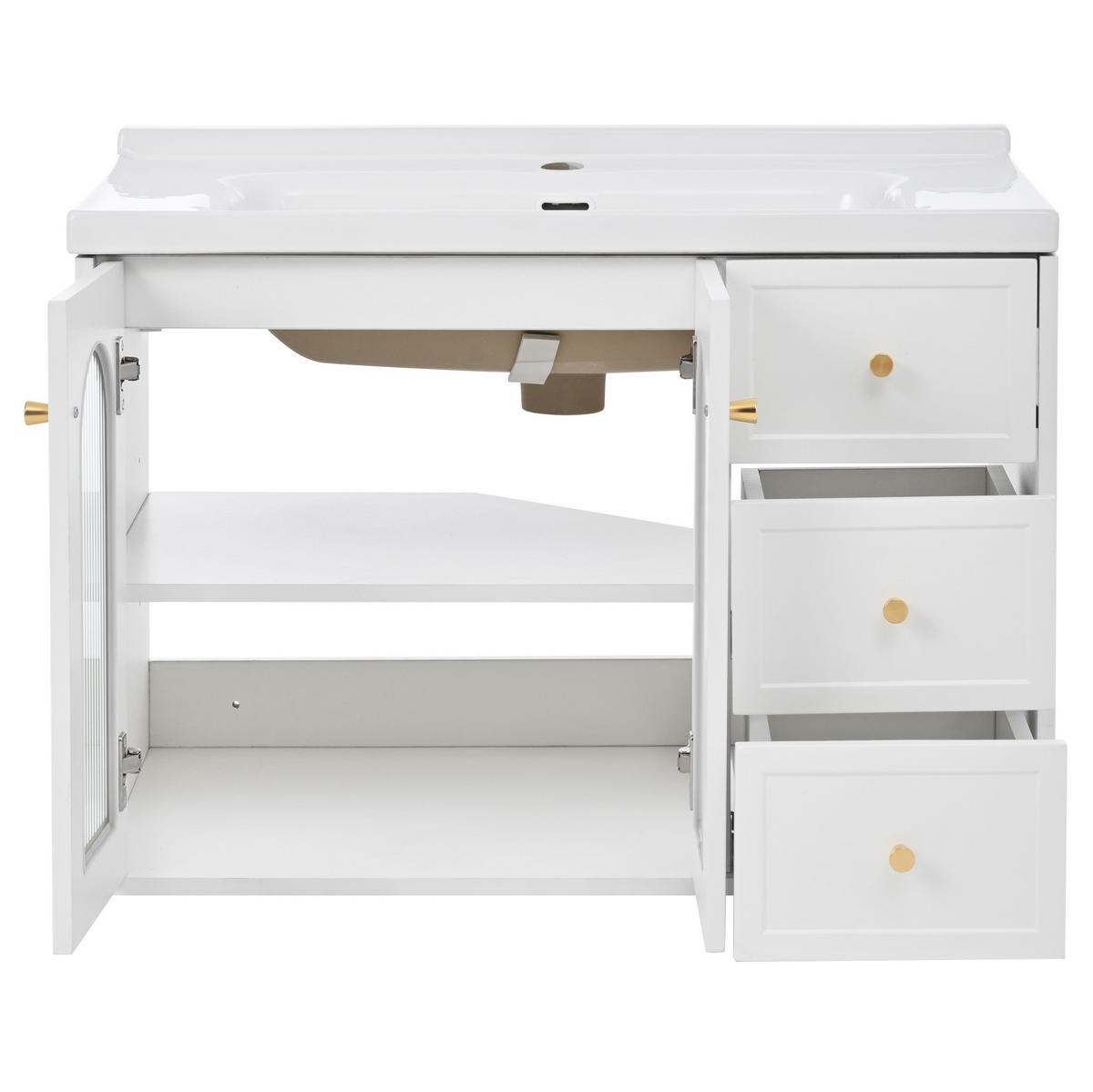 WANDMONTIERTER Badschrank mit Keramikwaschbecken 80x50x58 cm Weiß, 2 Schubladen, verstellbare Einlegeböden, modernes Design - Weiß, Holzwerkstoff (80/58/50cm) - Modfu