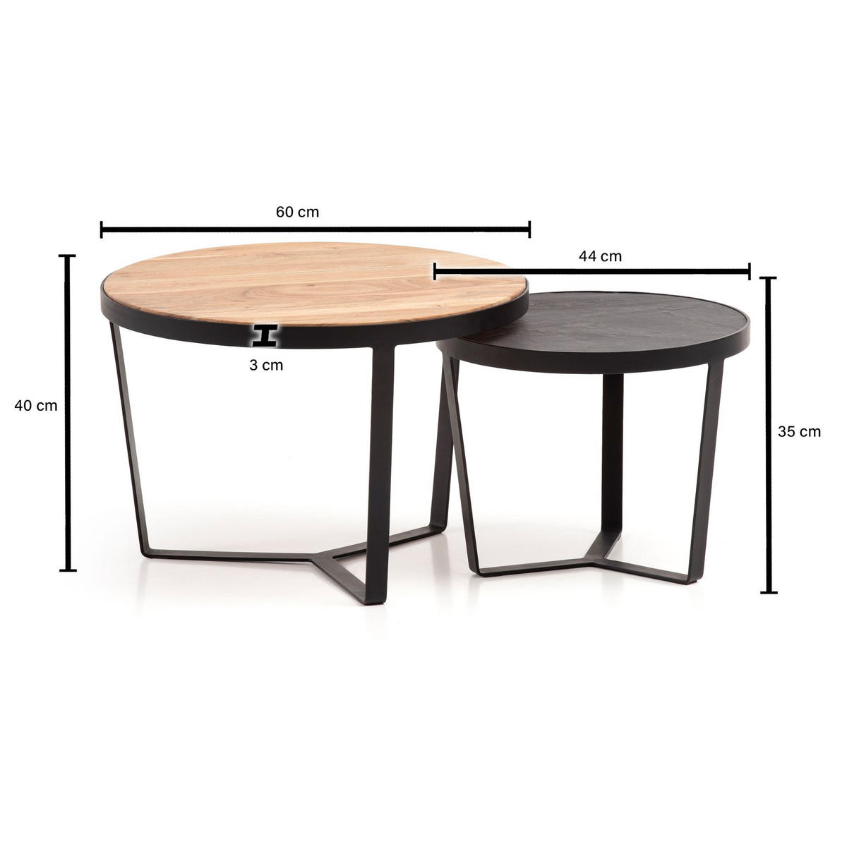 COUCHTISCH Set rund – Akazie Massivholz, Steinoptik, Metallgestell, Braun-Anthrazit - Schwarz, Holz/Metall (60/60/40cm) - KADIMA DESIGN