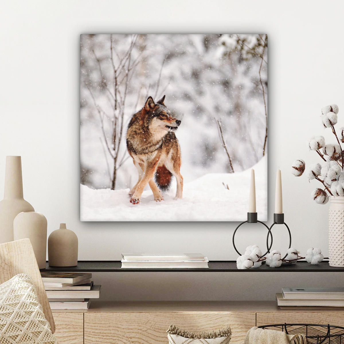 LEINWANDBILD Wolf - Winter - Schnee - Natur - Tiere 50x50 cm - Haselnussfarben, Textil (50/50cm) - MuchoWow