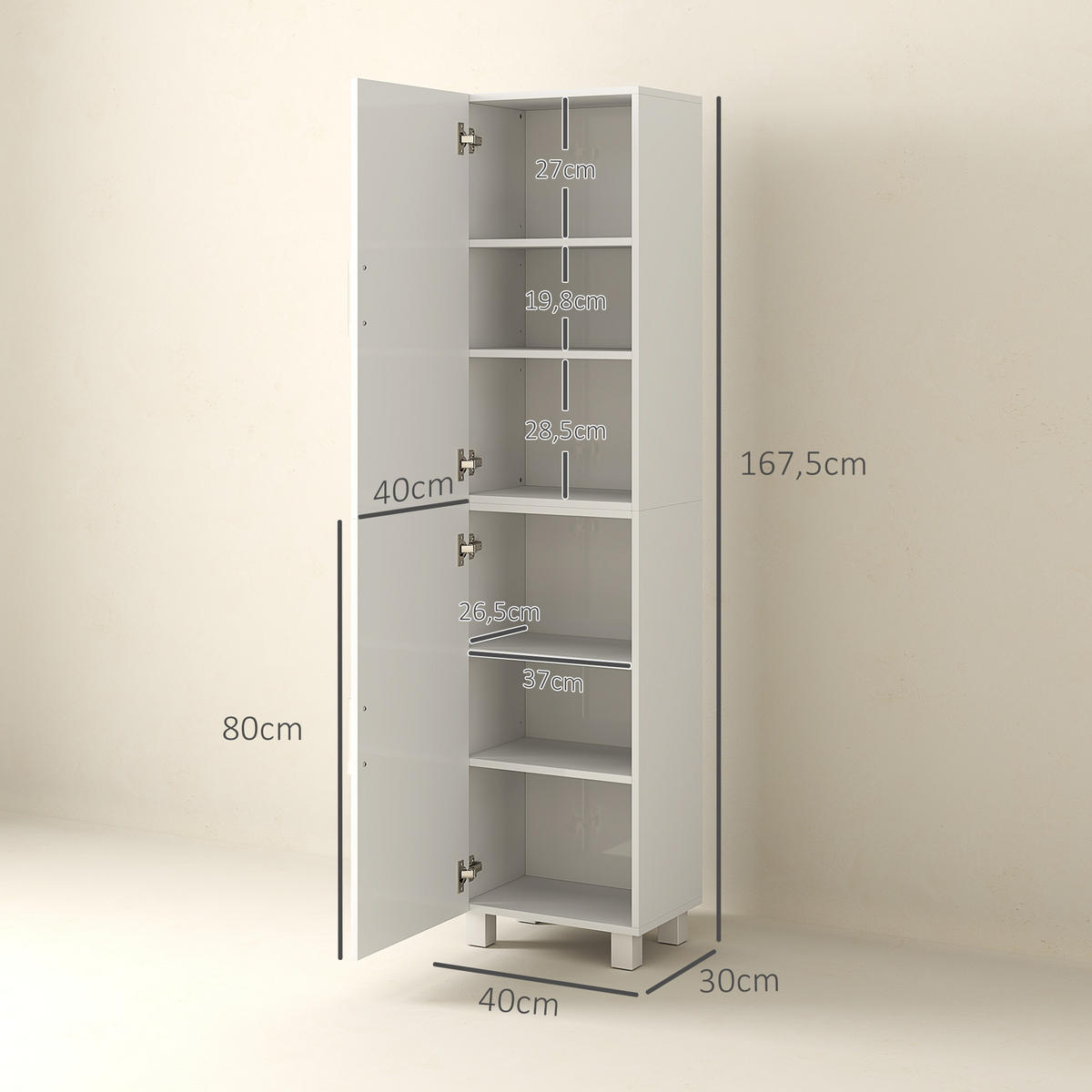 HOCHSCHRANK DE-12442 40/30/167,5 cm Weiß - Weiß, Holzwerkstoff (30/167.5/40cm) - ComfortXL