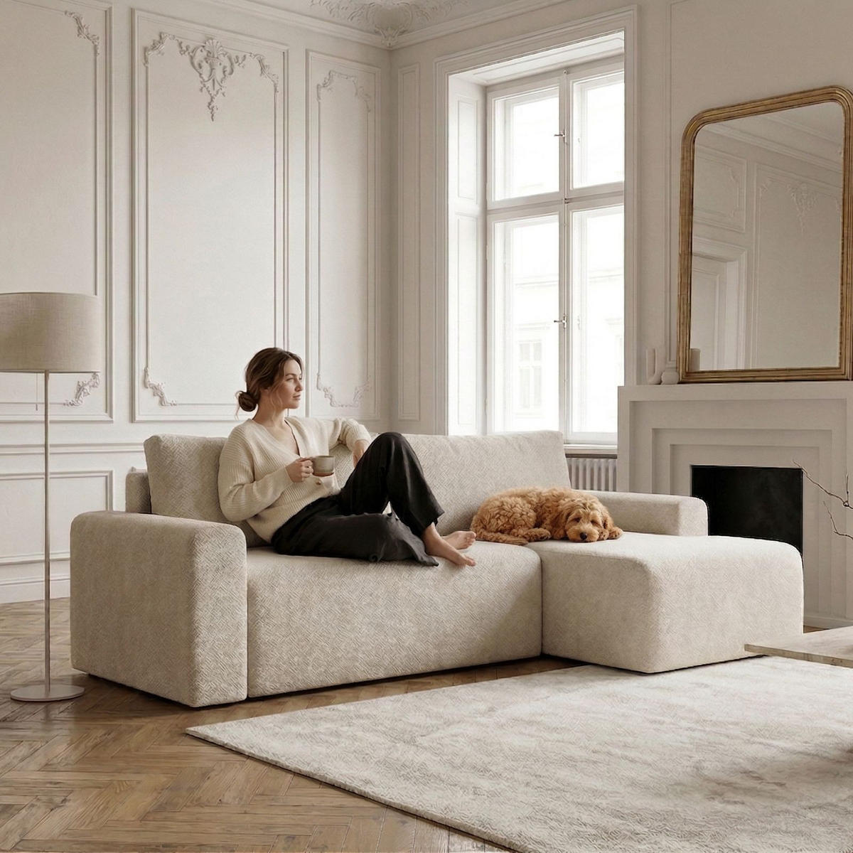 ECKSOFA MILO LARGE mit Schlaffunktion, Bettkasten und Cordbezug, Rechts - VIBE 95 - Dunkelgrau, Holz (270/142cm) - Dekori_Interiors