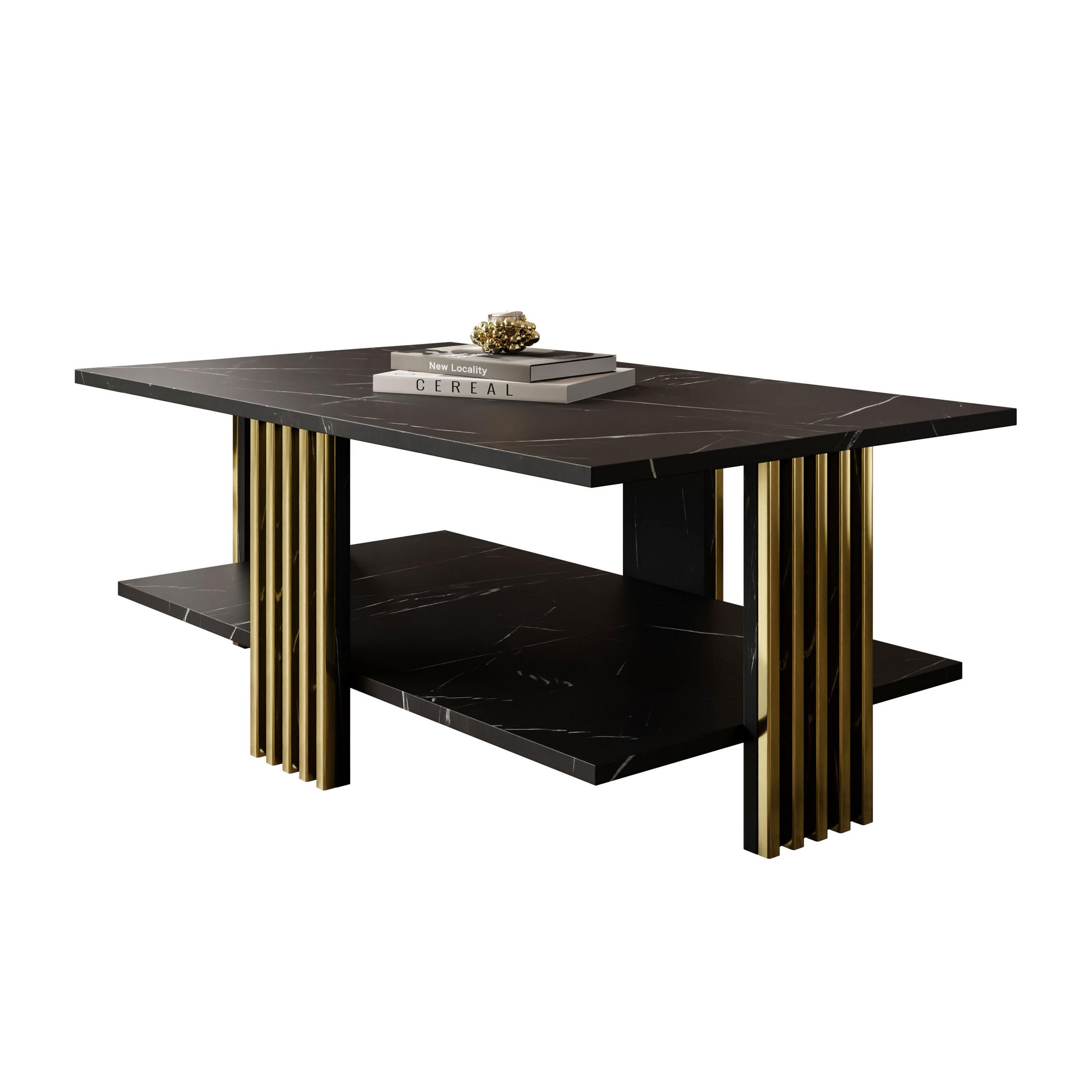 COUCHTISCH SAPHIRA GOLD mit Ablageboden, Schwarz Marmour - Schwarz, Holzwerkstoff (60/100/40cm) - Lookway