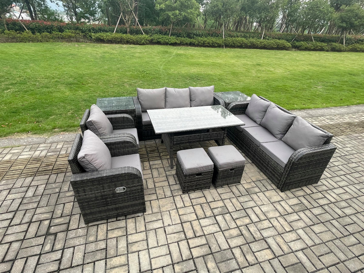 GARTENTISCHGRUPPE mit 2 Beistelltischen,3 kleine Fußhocker Polyrattan Dunkelgrau 10-Sitzer - Dunkelgrau/Grau, Glas/Kunststoff - Fimous