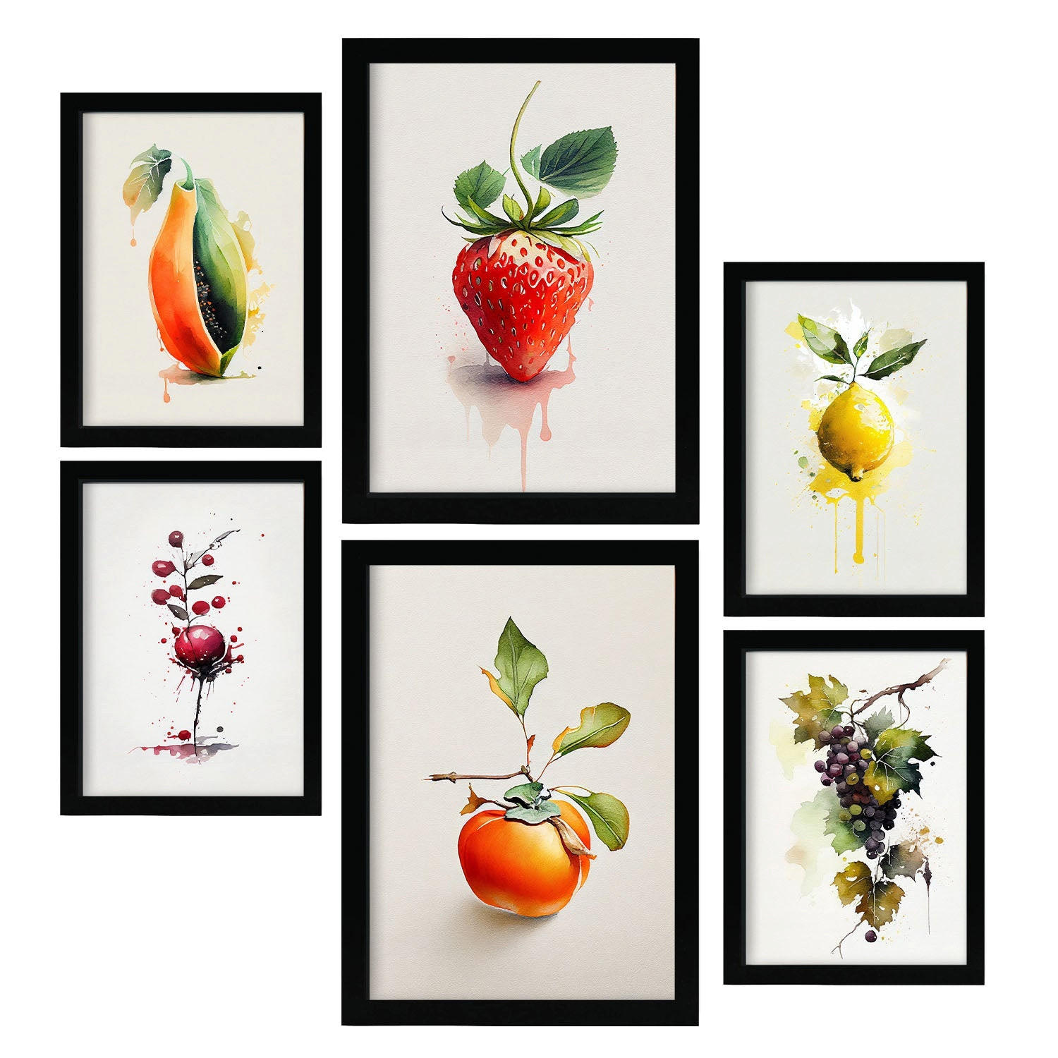 POSTER Set Mit 6 Lebendige Früchte Plakate Von Obst Gemüse & Gesunden Lebensmitteln Im Aquarell Kunst Auf Reinweißen A3 & A4 Schwarzer Rahmen - Schwarz, Papier (29/3cm) - Nacnic
