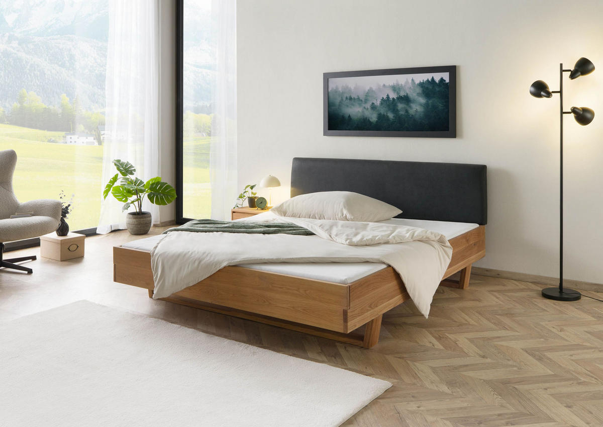 BETT mit Nachttisch Massivholz Eiche 200 x 200 x 86 natur FICHTELBERG #52 - Anthrazit/Naturfarben, Holz (200/200cm) - Massivmoebel24